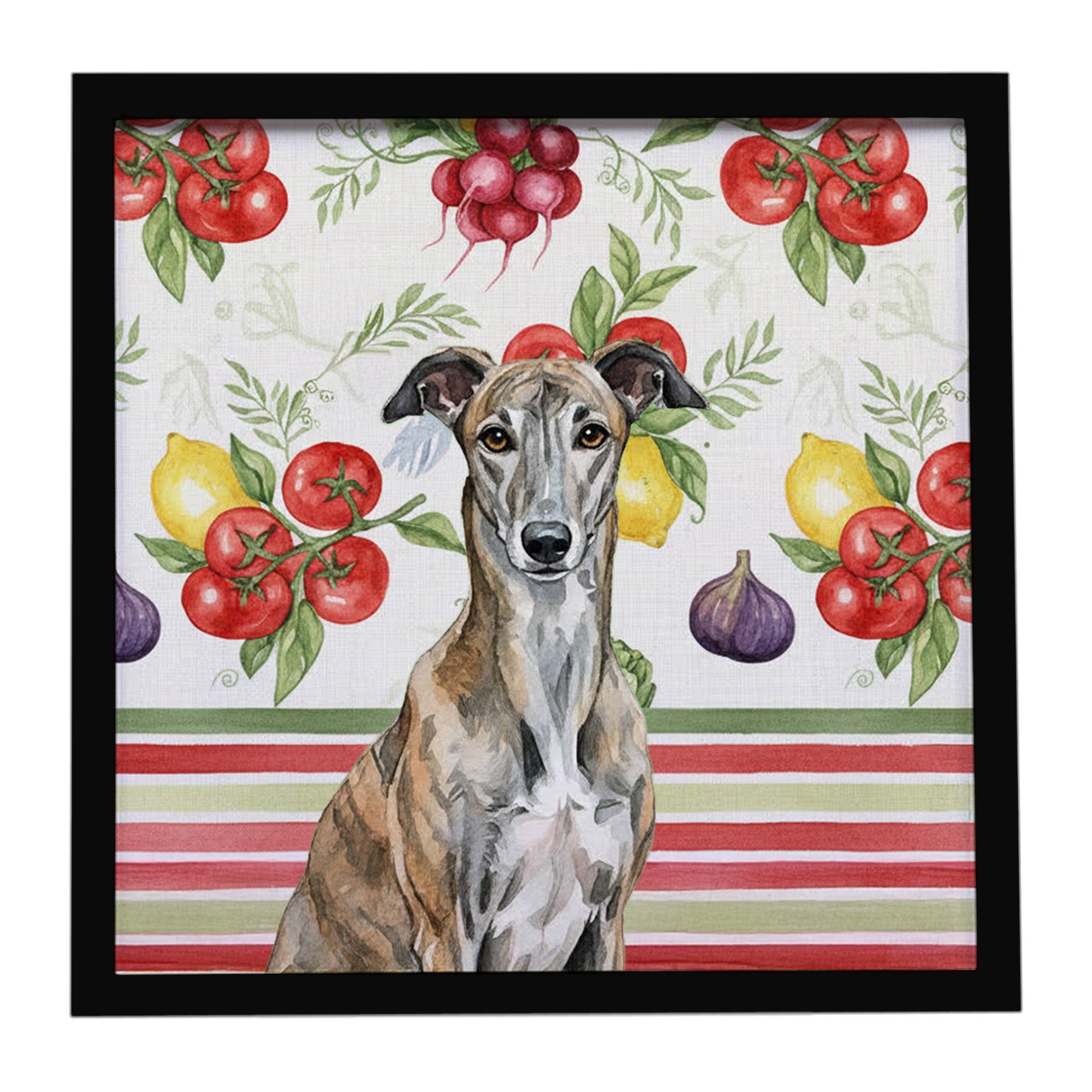 Brindle Greyhound Vegetables Framed Metal Print Bathroom, Kitchen, Office, Home Decor Wall Art Ready to Hang, Square, 8X8