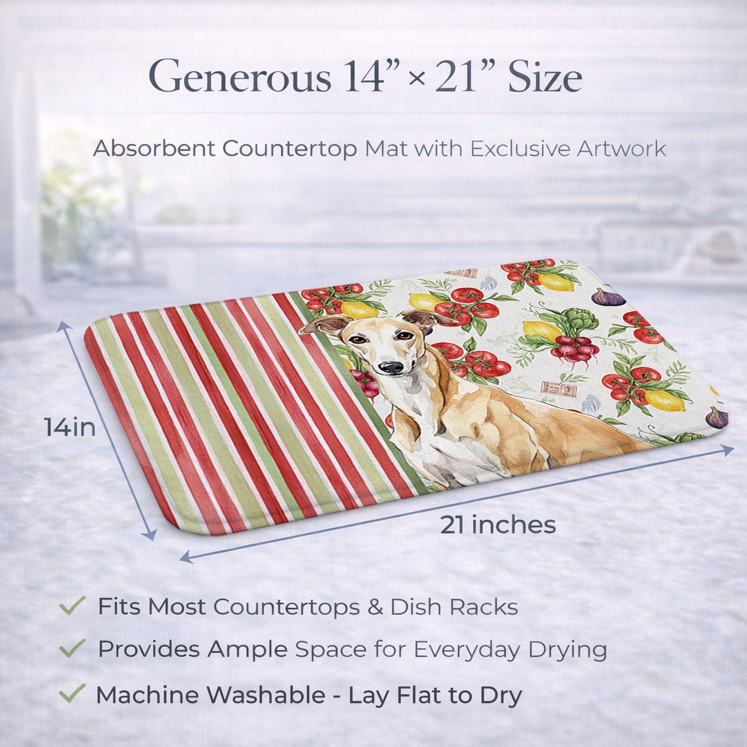 Fawn Greyhound Vegetables Dish Drying Mat Absorbent Dish Drying Mat Pad for Kitchen Counter Dish Drainer Mat for Countertop, 14 x 21", Multicolor