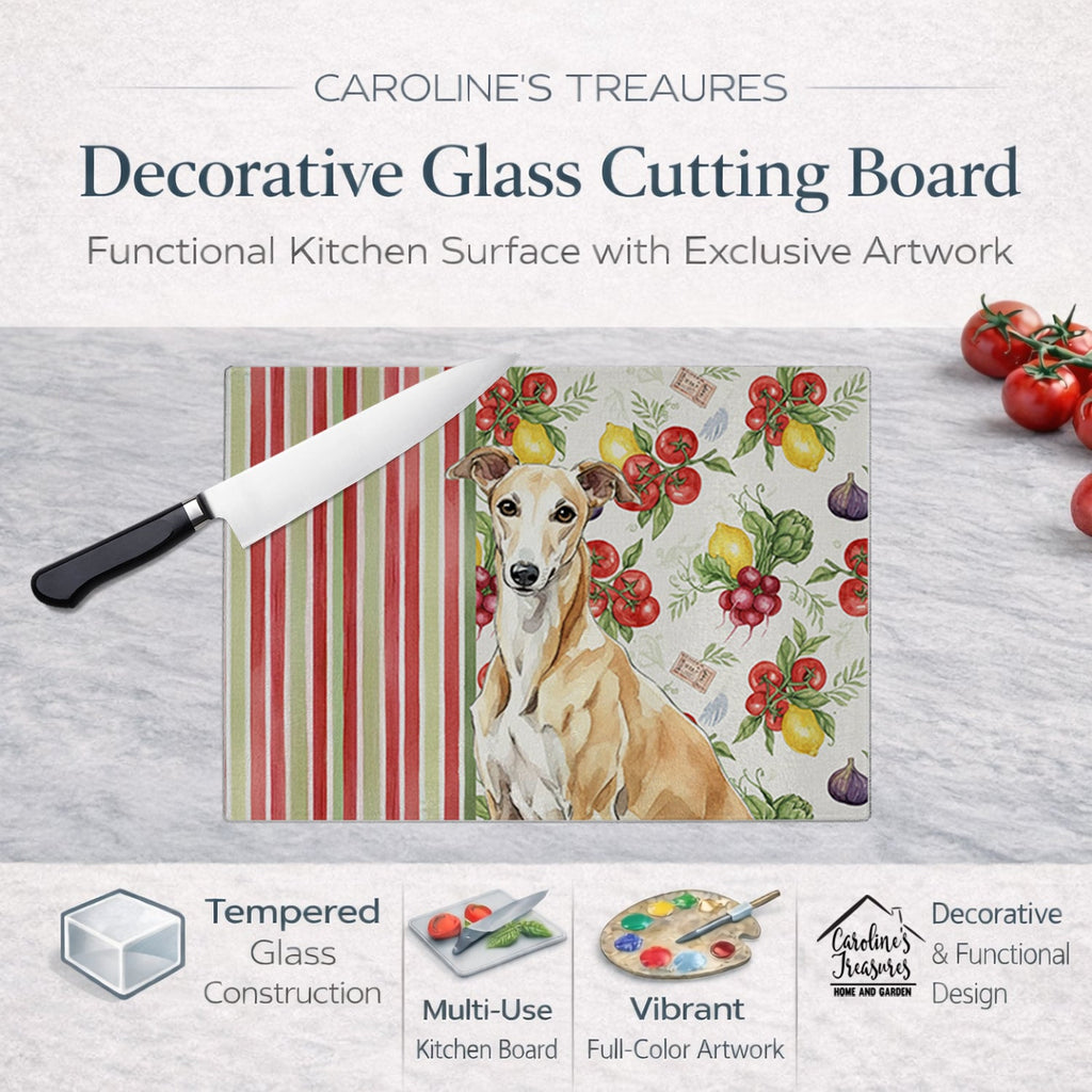 Fawn Greyhound Vegetables Cutting Board Tempered Glass Kitchen Cutting Surface, Heat Resistant Chopping, Non-Slip Feet, Food Prep & Serving