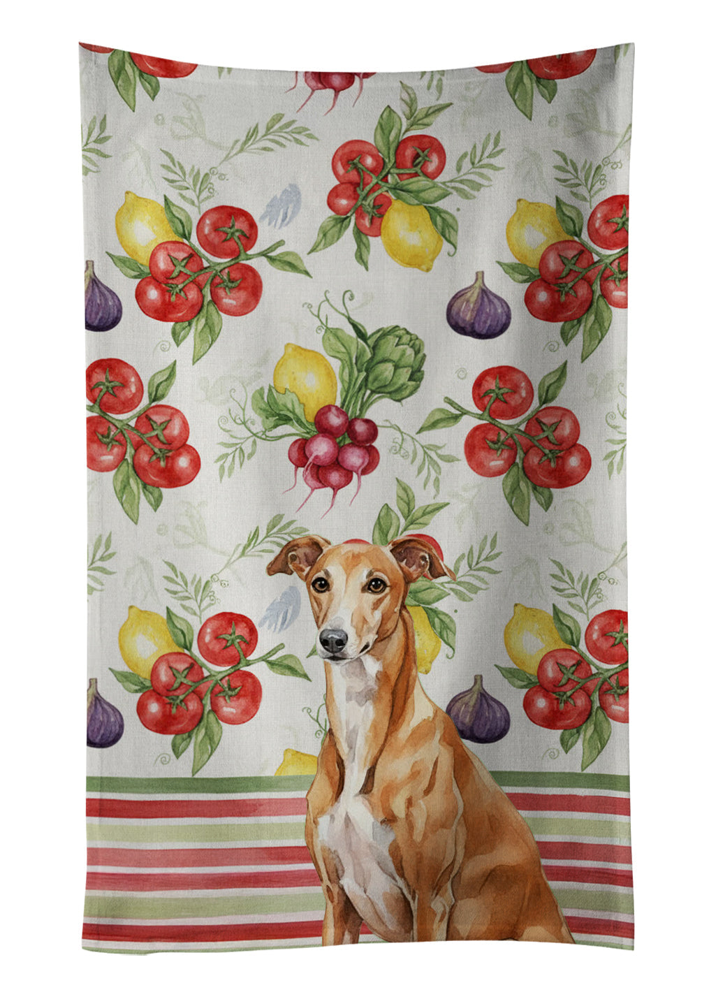 Red Greyhound Vegetables Kitchen Towel Velour Plush Front and Cotton Loop Back Machine Washable