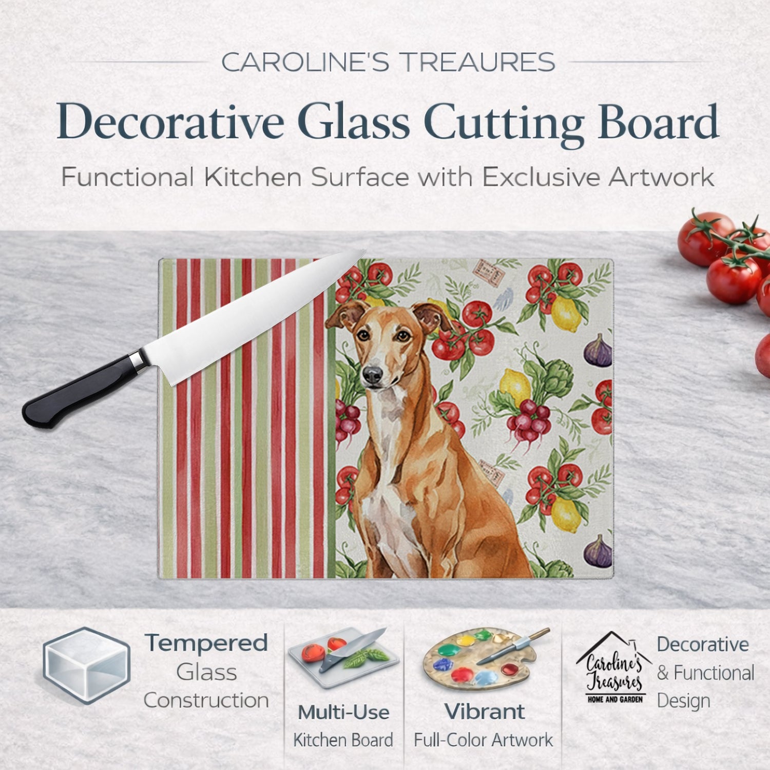Red Greyhound Vegetables Cutting Board Tempered Glass Kitchen Cutting Surface, Heat Resistant Chopping, Non-Slip Feet, Food Prep & Serving