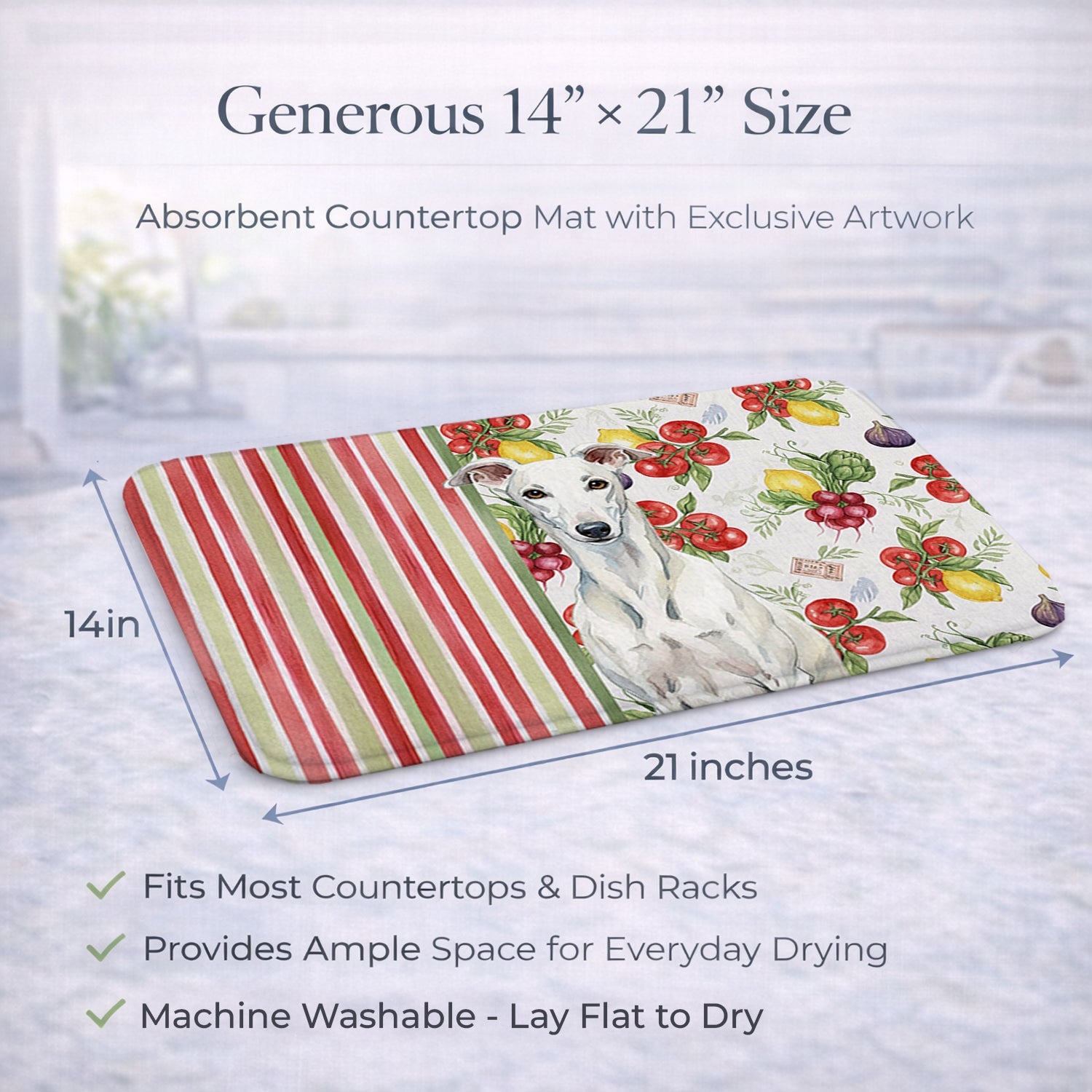 White Greyhound Vegetables Dish Drying Mat Absorbent Dish Drying Mat Pad for Kitchen Counter Dish Drainer Mat for Countertop, 14 x 21", Multicolor