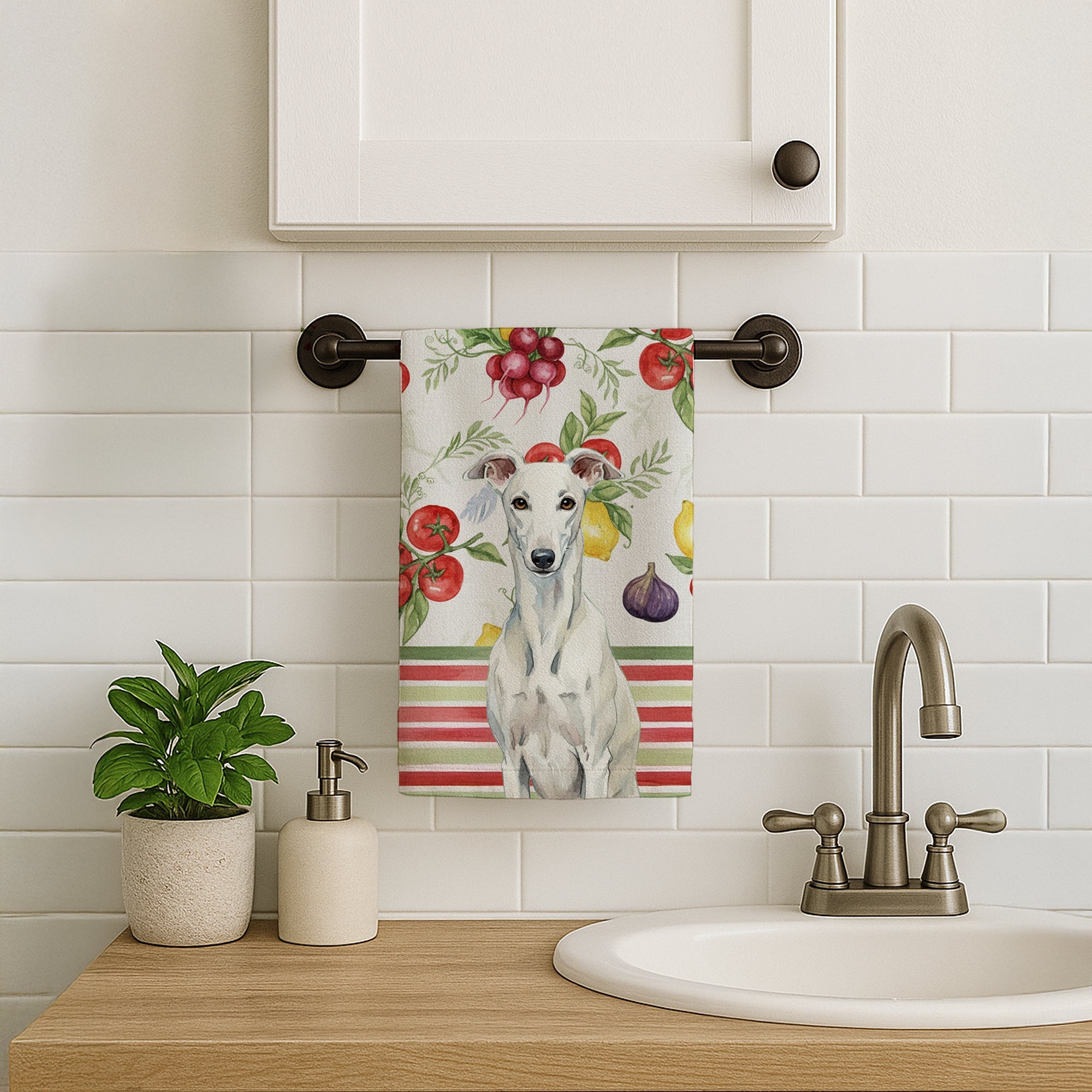 White Greyhound Vegetables Kitchen Towel Velour Plush Front and Cotton Loop Back Machine Washable