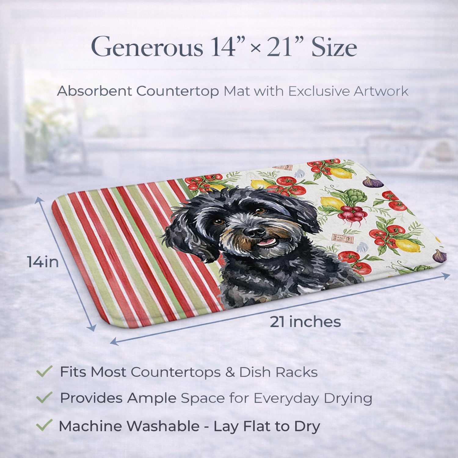 Black Havanese Vegetables Dish Drying Mat Absorbent Dish Drying Mat Pad for Kitchen Counter Dish Drainer Mat for Countertop, 14 x 21", Multicolor