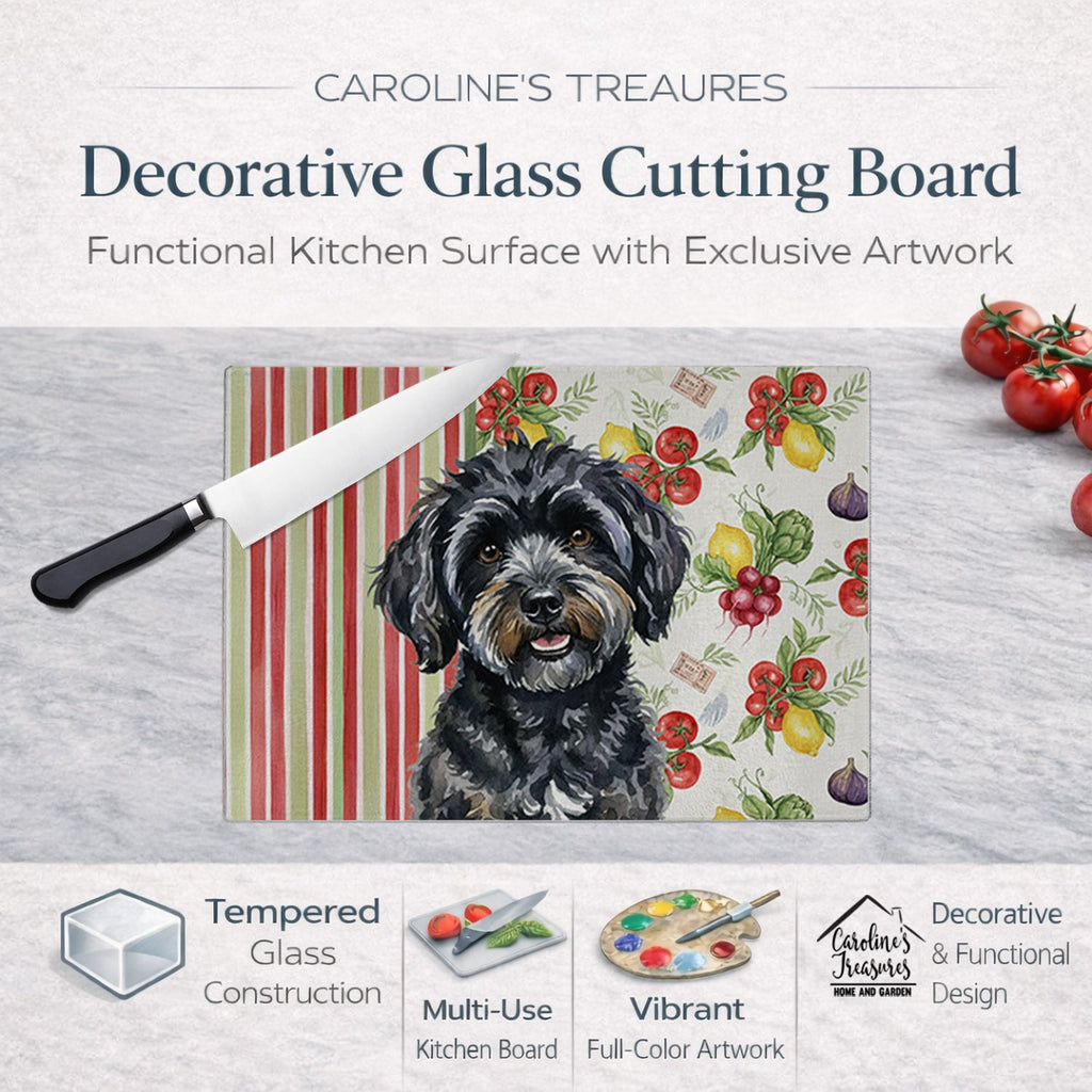 Black Havanese Vegetables Cutting Board Tempered Glass Kitchen Cutting Surface, Heat Resistant Chopping, Non-Slip Feet, Food Prep & Serving