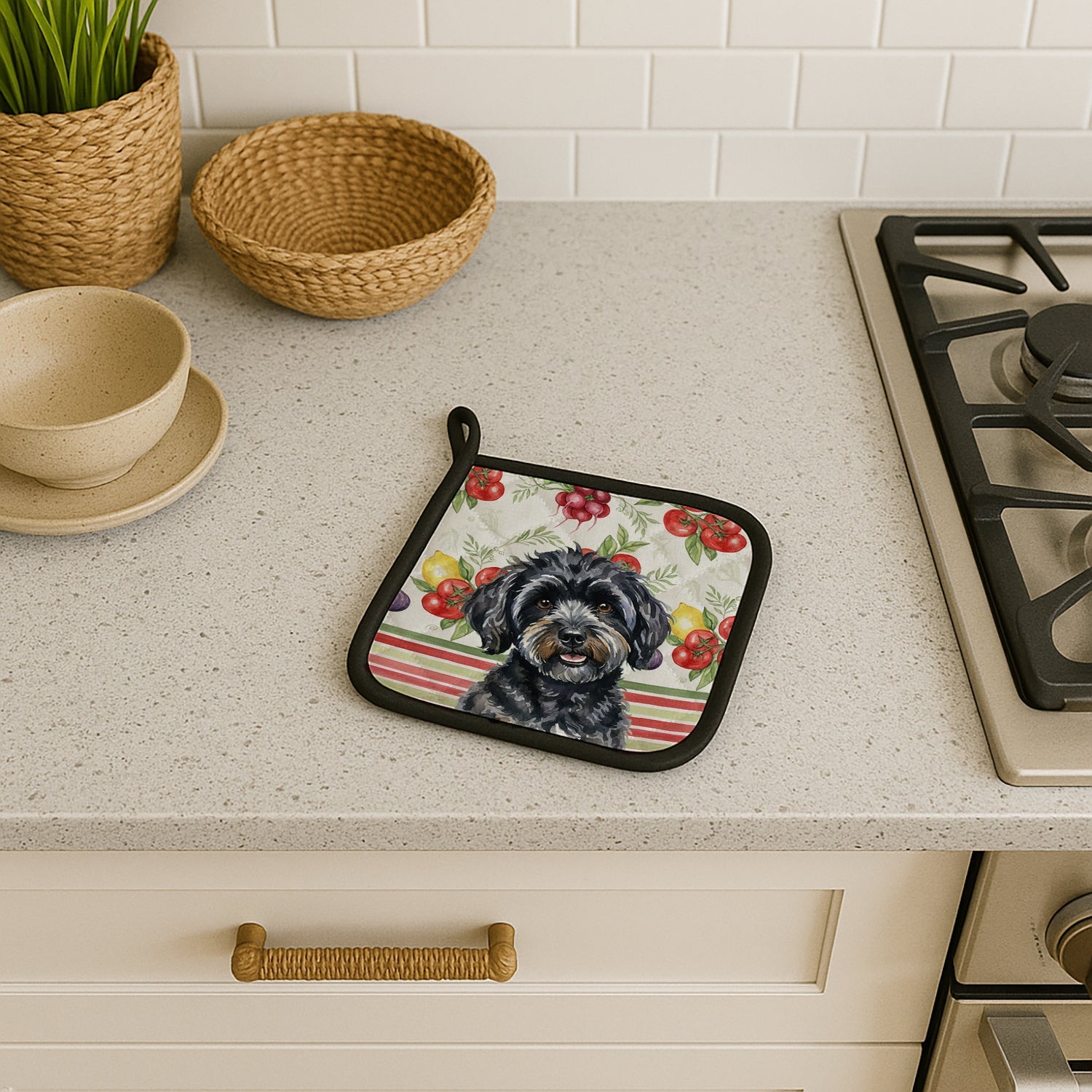 Black Havanese Vegetables Pot Holder Set of 2 Heat Resistant Quilted Hot Pads 7.5 x 7.5 Inch, Insulated Kitchen Trivets for Cooking & Baking