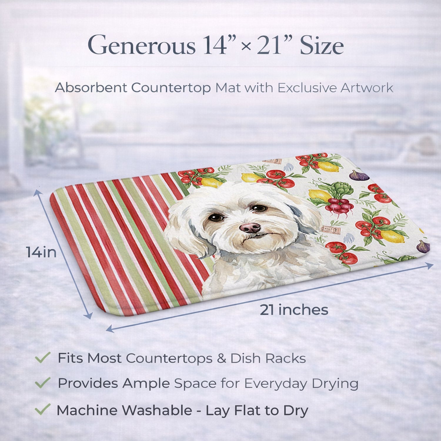 White Havanese Vegetables Dish Drying Mat Absorbent Dish Drying Mat Pad for Kitchen Counter Dish Drainer Mat for Countertop, 14 x 21", Multicolor