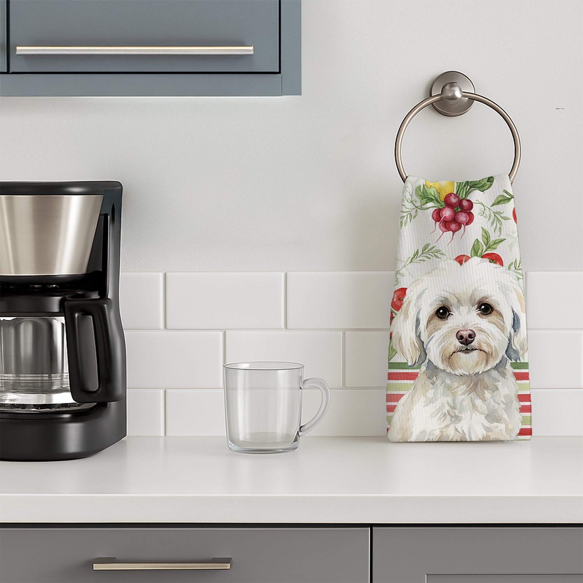 White Havanese Vegetables Kitchen Towel Velour Plush Front and Cotton Loop Back Machine Washable