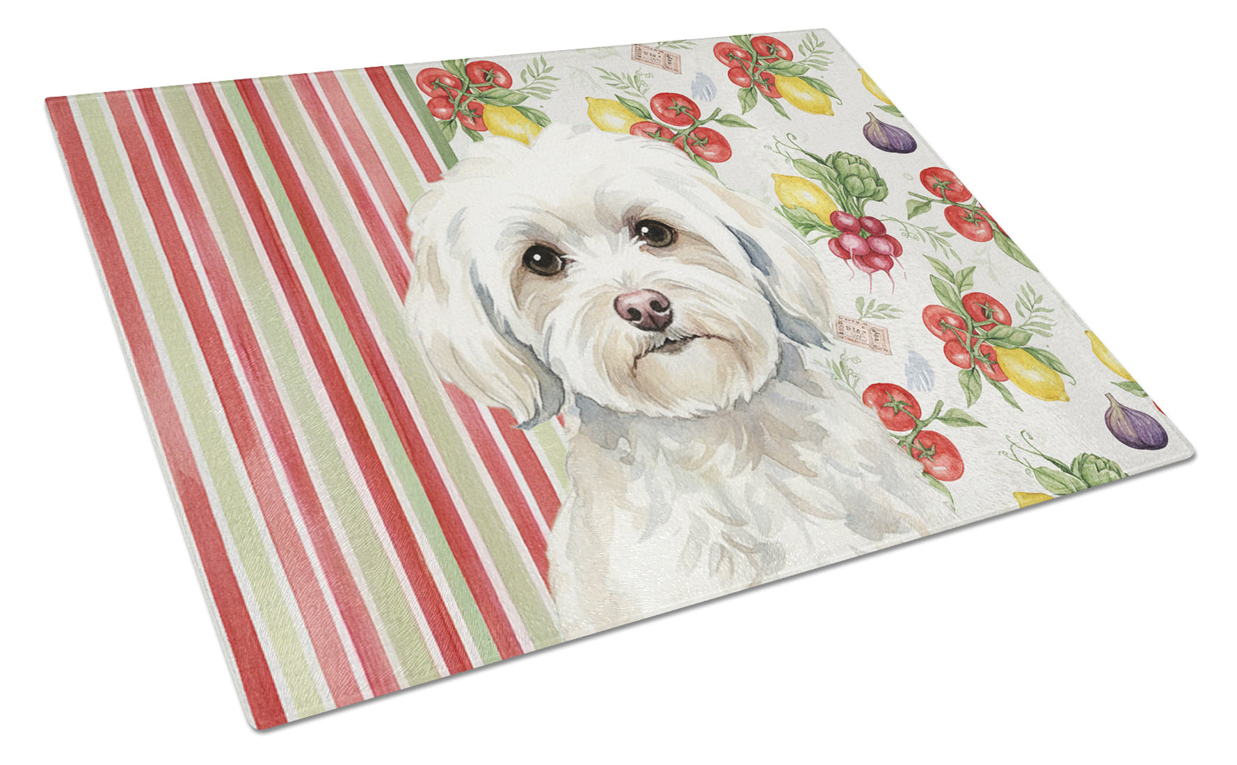 White Havanese Vegetables Cutting Board Tempered Glass Kitchen Cutting Surface, Heat Resistant Chopping, Non-Slip Feet, Food Prep & Serving