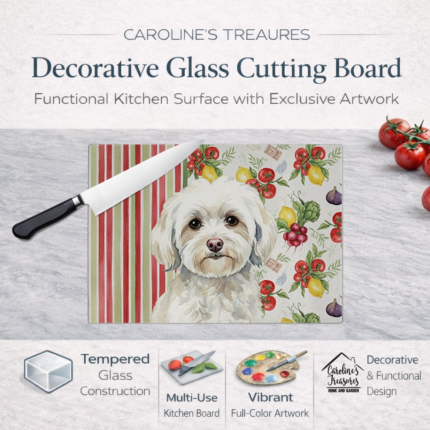 White Havanese Vegetables Cutting Board Tempered Glass Kitchen Cutting Surface, Heat Resistant Chopping, Non-Slip Feet, Food Prep & Serving