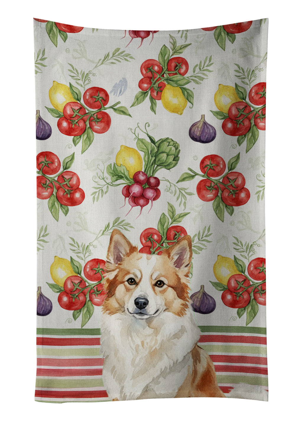 Tan Icelandic Sheepdog Vegetables Kitchen Towel Velour Plush Front and Cotton Loop Back Machine Washable