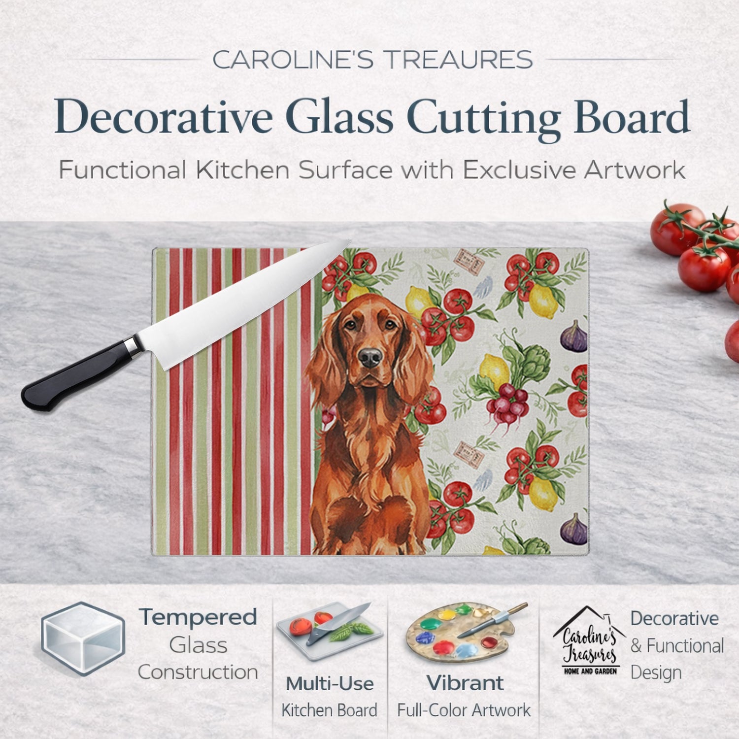 Irish Setter Vegetables Cutting Board Tempered Glass Kitchen Cutting Surface, Heat Resistant Chopping, Non-Slip Feet, Food Prep & Serving