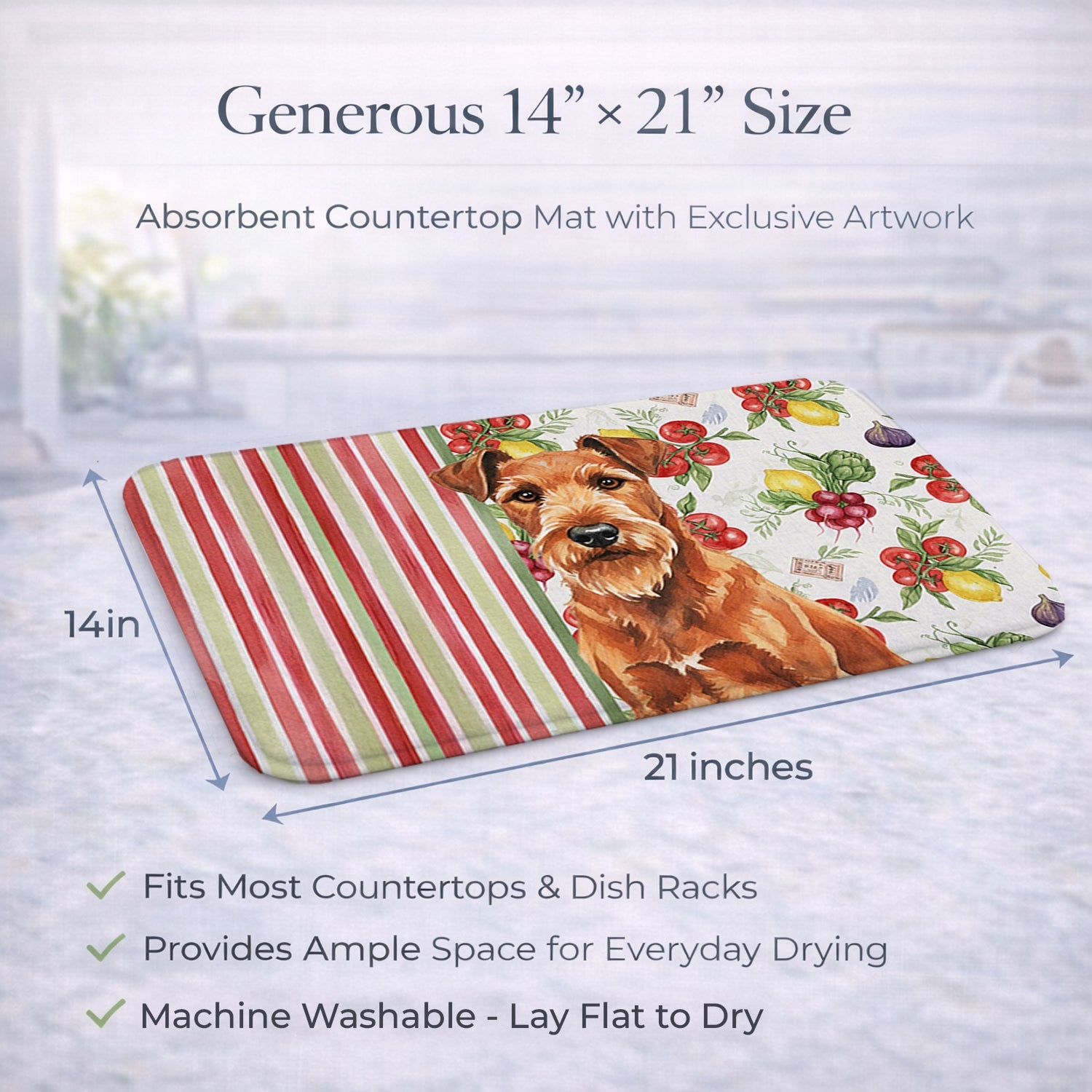 Irish Terrier Vegetables Dish Drying Mat Absorbent Dish Drying Mat Pad for Kitchen Counter Dish Drainer Mat for Countertop, 14 x 21", Multicolor