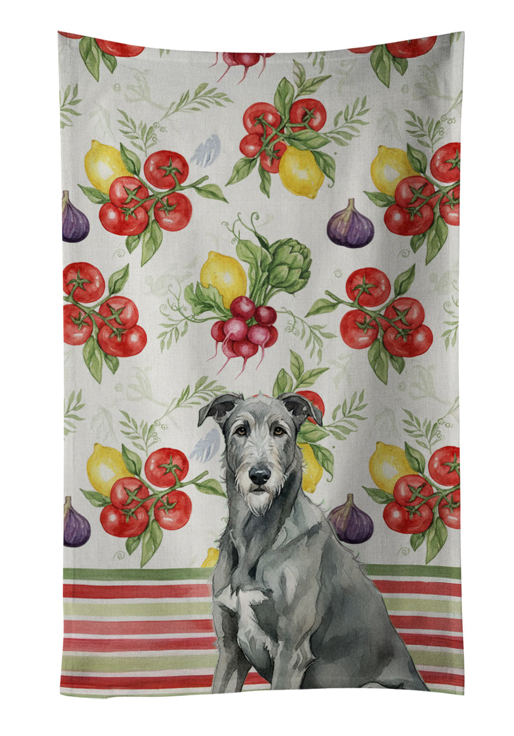 Gray Irish Wolfhound Vegetables Kitchen Towel Velour Plush Front and Cotton Loop Back Machine Washable