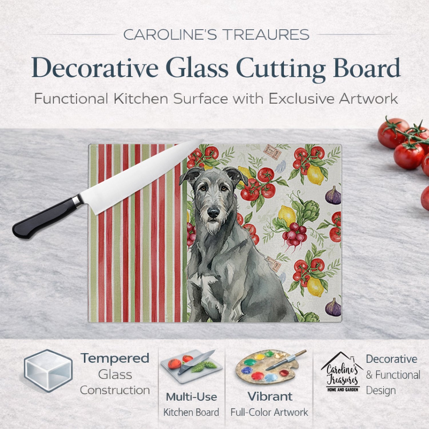 Gray Irish Wolfhound Vegetables Cutting Board Tempered Glass Kitchen Cutting Surface, Heat Resistant Chopping, Non-Slip Feet, Food Prep & Serving