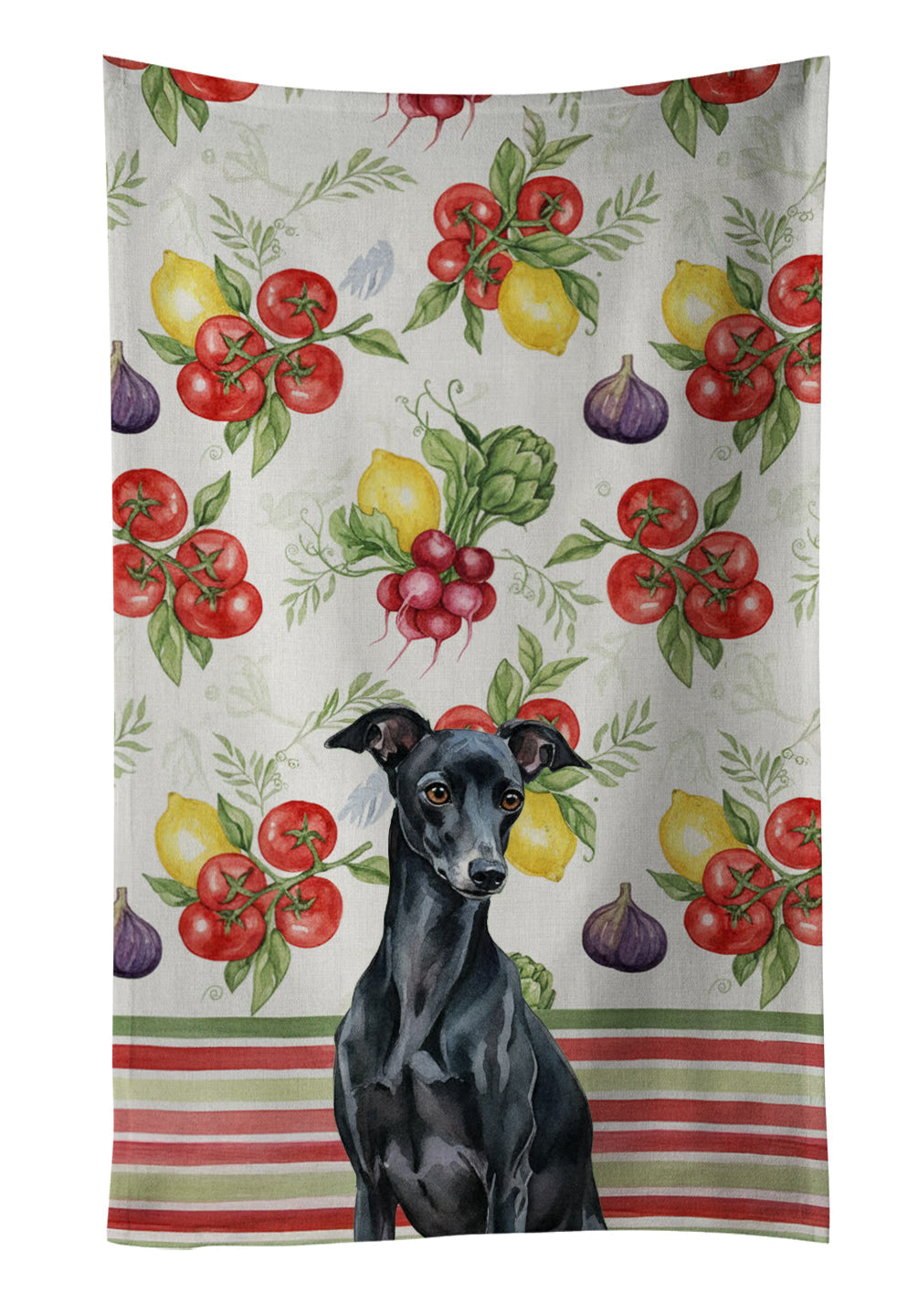 Black Italian Greyhound Vegetables Kitchen Towel Velour Plush Front and Cotton Loop Back Machine Washable