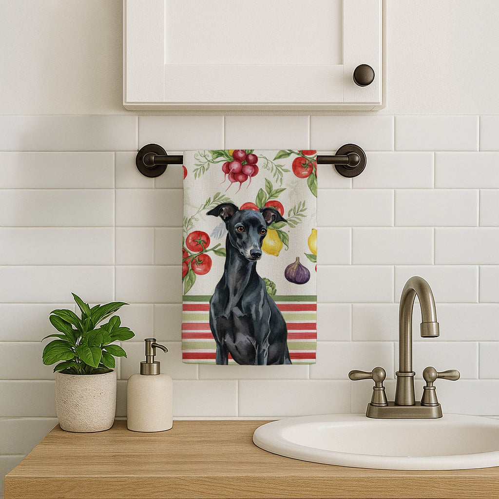 Black Italian Greyhound Vegetables Kitchen Towel Velour Plush Front and Cotton Loop Back Machine Washable