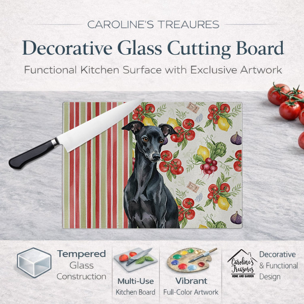 Black Italian Greyhound Vegetables Cutting Board Tempered Glass Kitchen Cutting Surface, Heat Resistant Chopping, Non-Slip Feet, Food Prep & Serving