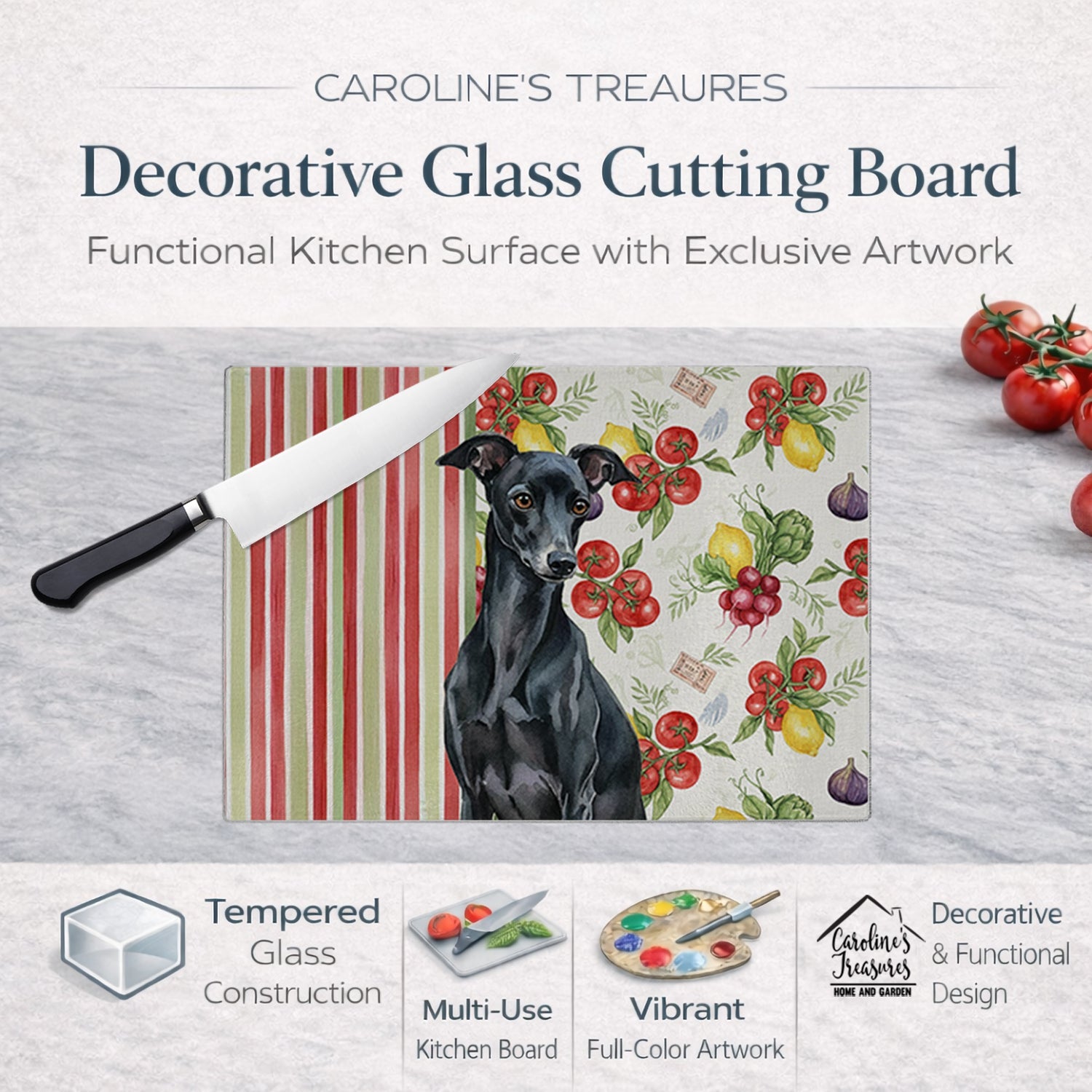 Black Italian Greyhound Vegetables Cutting Board Tempered Glass Kitchen Cutting Surface, Heat Resistant Chopping, Non-Slip Feet, Food Prep & Serving