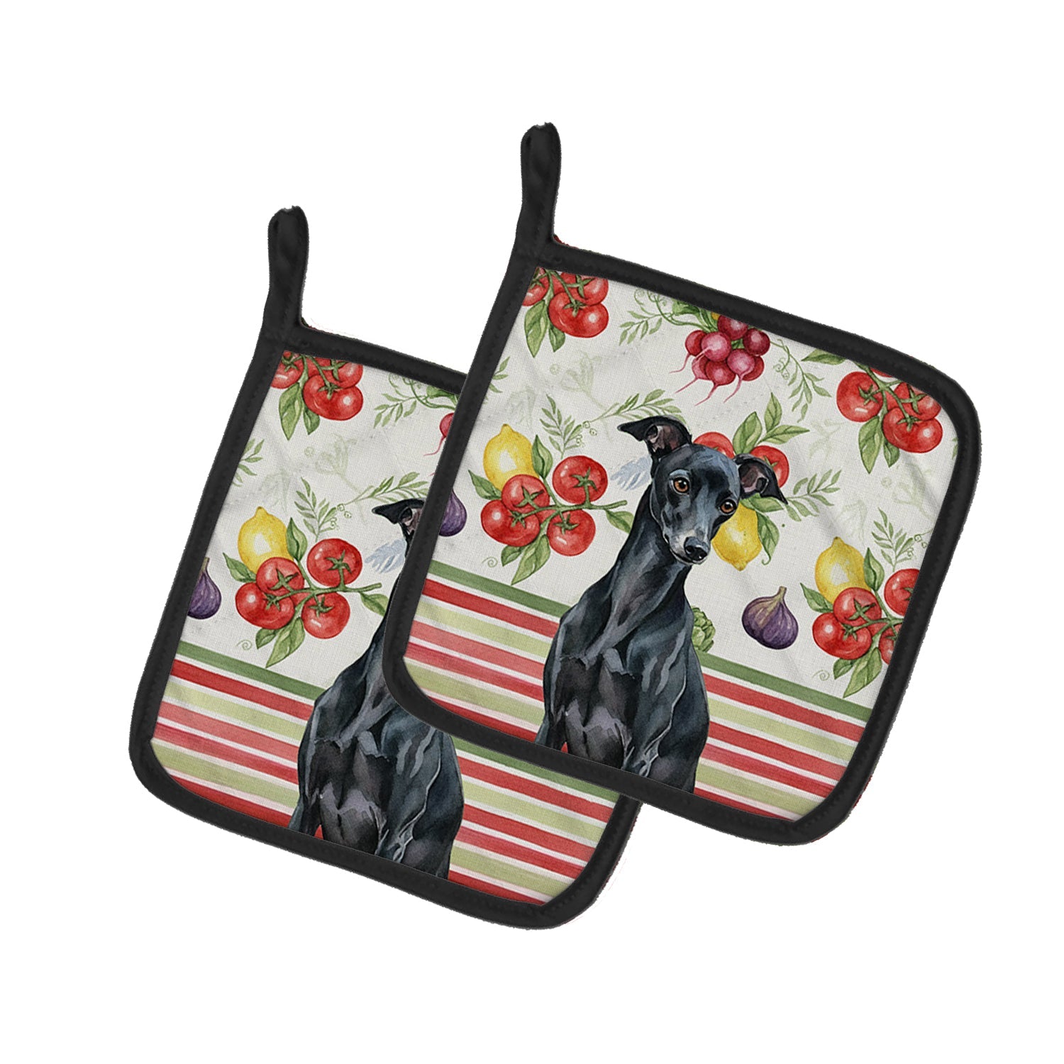 Black Italian Greyhound Vegetables Pot Holder Set of 2 Heat Resistant Quilted Hot Pads 7.5 x 7.5 Inch, Insulated Kitchen Trivets for Cooking & Baking
