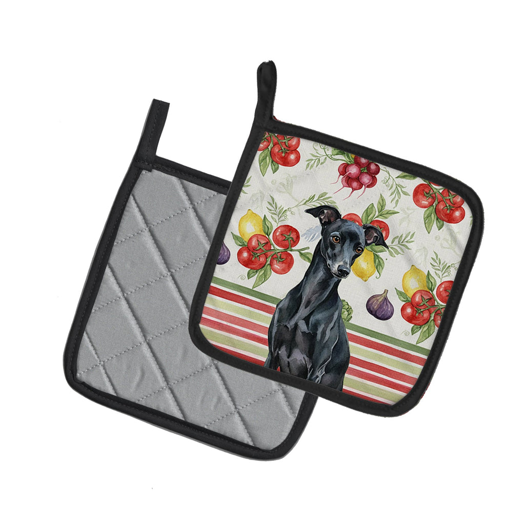 Black Italian Greyhound Vegetables Pot Holder Set of 2 Heat Resistant Quilted Hot Pads 7.5 x 7.5 Inch, Insulated Kitchen Trivets for Cooking & Baking