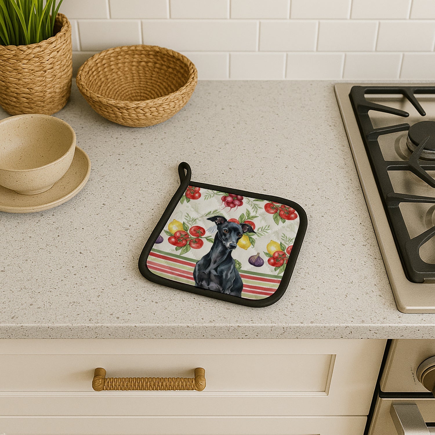 Black Italian Greyhound Vegetables Pot Holder Set of 2 Heat Resistant Quilted Hot Pads 7.5 x 7.5 Inch, Insulated Kitchen Trivets for Cooking & Baking