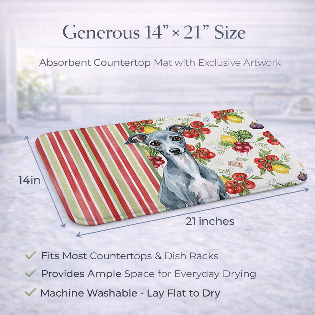 Blue Italian Greyhound Vegetables Dish Drying Mat Absorbent Dish Drying Mat Pad for Kitchen Counter Dish Drainer Mat for Countertop, 14 x 21", Multicolor