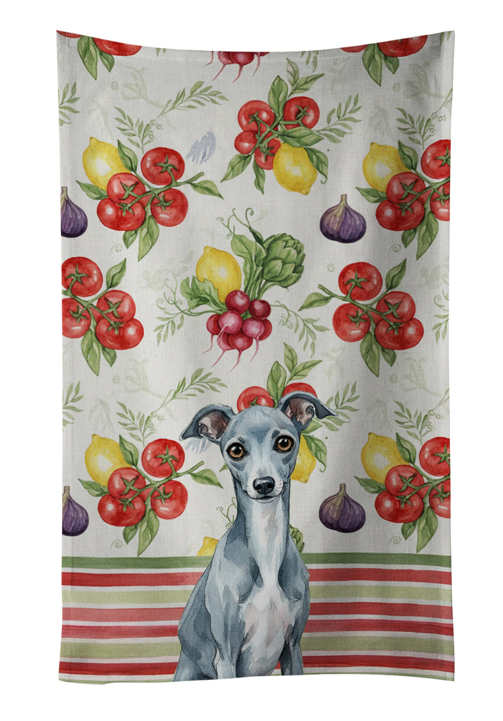 Blue Italian Greyhound Vegetables Kitchen Towel Velour Plush Front and Cotton Loop Back Machine Washable