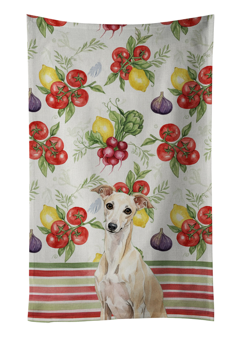 Cream Italian Greyhound Vegetables Kitchen Towel Velour Plush Front and Cotton Loop Back Machine Washable