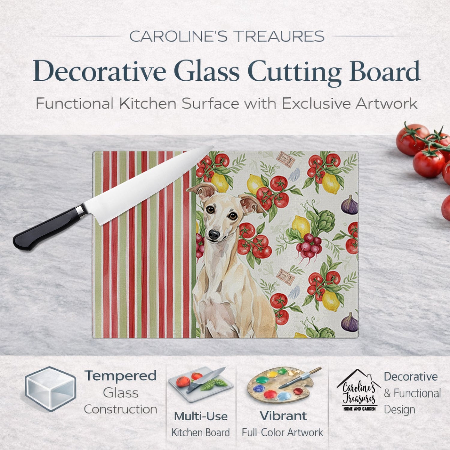 Cream Italian Greyhound Vegetables Cutting Board Tempered Glass Kitchen Cutting Surface, Heat Resistant Chopping, Non-Slip Feet, Food Prep & Serving