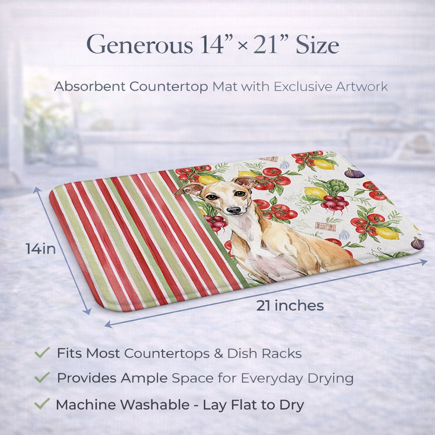 Fawn Italian Greyhound Vegetables Dish Drying Mat Absorbent Dish Drying Mat Pad for Kitchen Counter Dish Drainer Mat for Countertop, 14 x 21", Multicolor