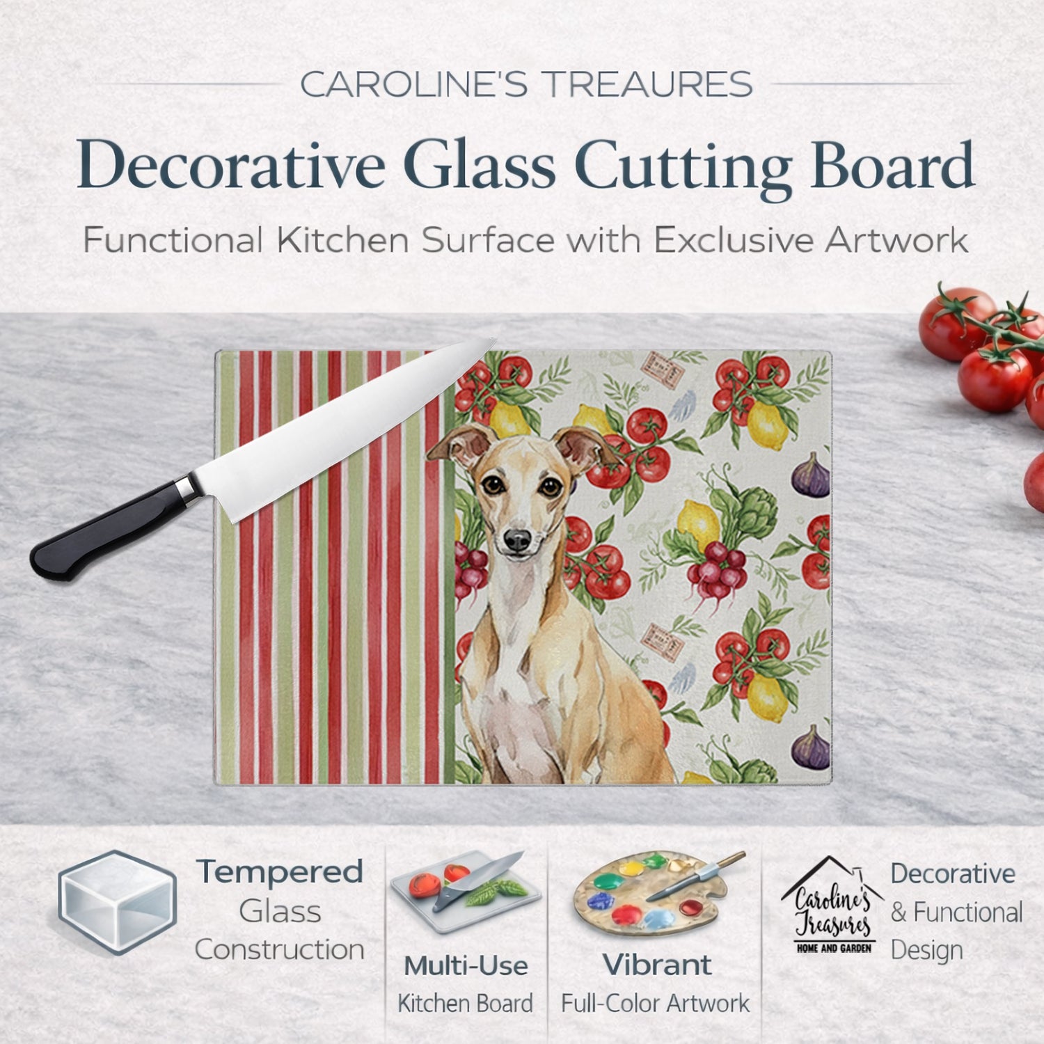 Fawn Italian Greyhound Vegetables Cutting Board Tempered Glass Kitchen Cutting Surface, Heat Resistant Chopping, Non-Slip Feet, Food Prep & Serving