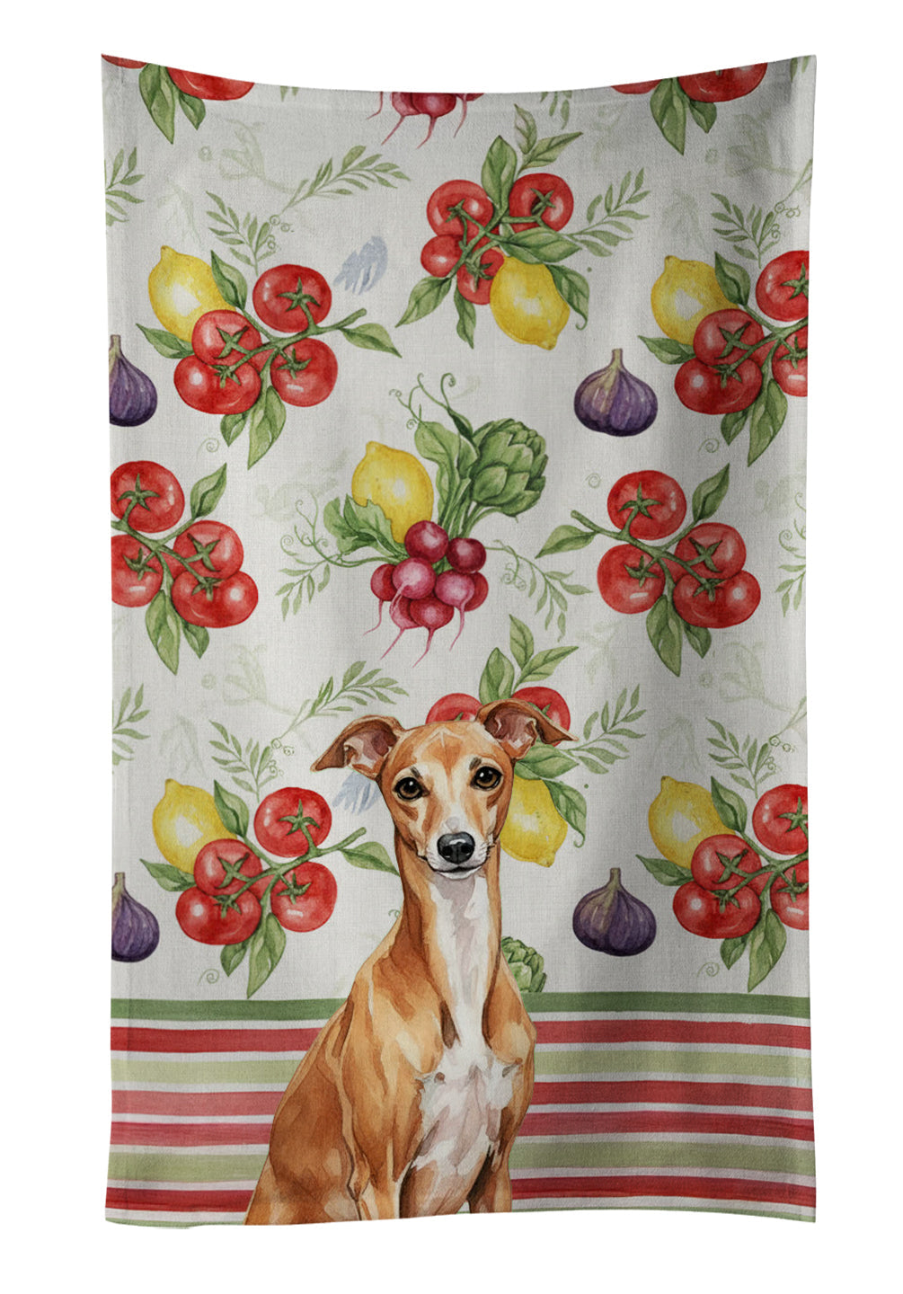Red Italian Greyhound Vegetables Kitchen Towel Velour Plush Front and Cotton Loop Back Machine Washable
