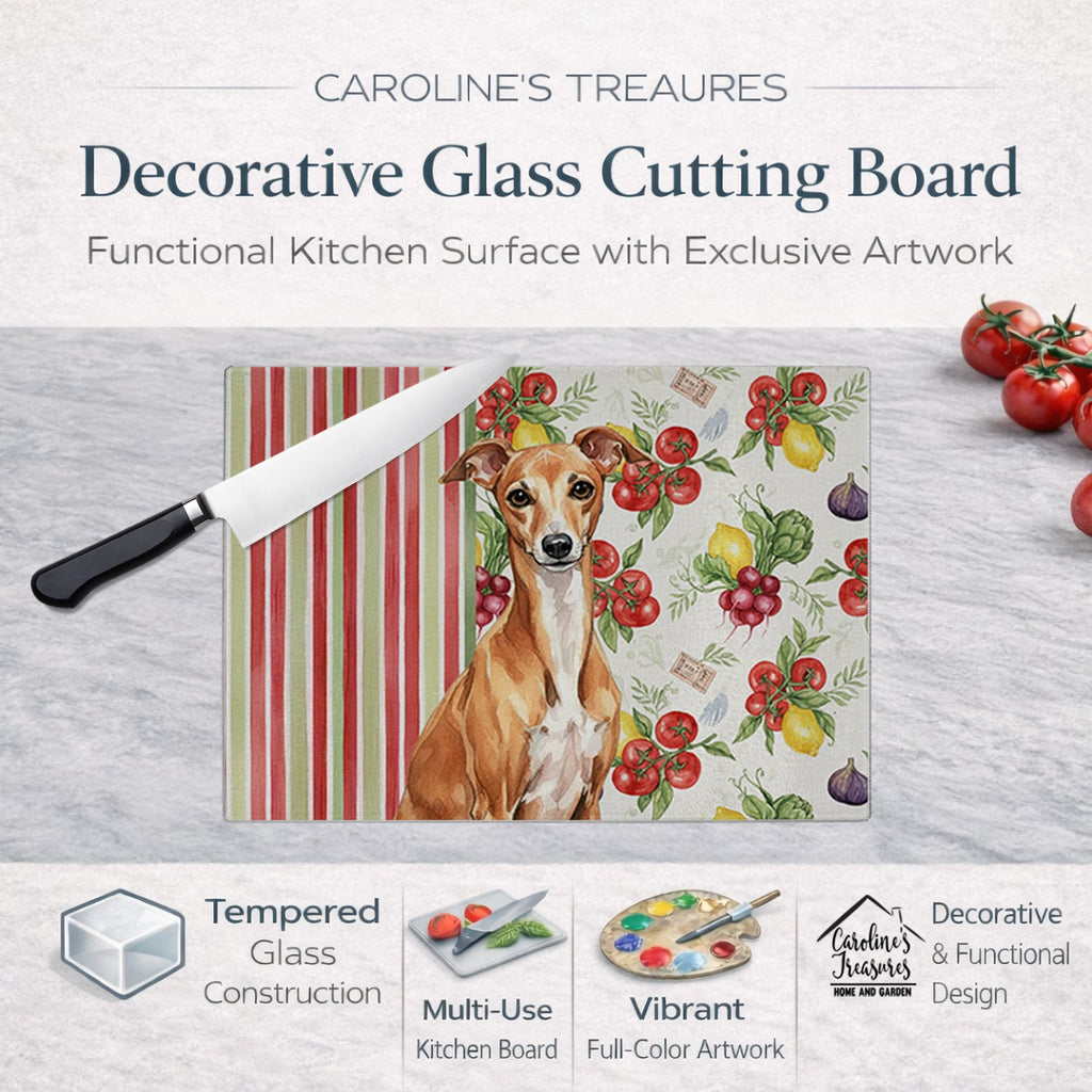 Red Italian Greyhound Vegetables Cutting Board Tempered Glass Kitchen Cutting Surface, Heat Resistant Chopping, Non-Slip Feet, Food Prep & Serving