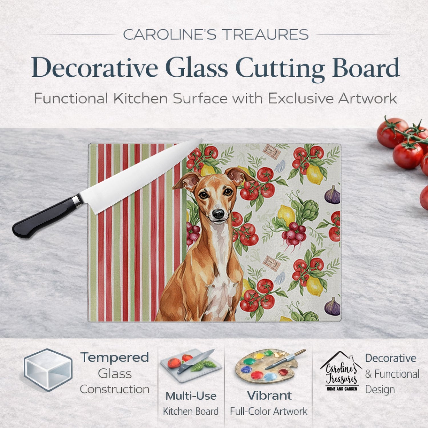 Red Italian Greyhound Vegetables Cutting Board Tempered Glass Kitchen Cutting Surface, Heat Resistant Chopping, Non-Slip Feet, Food Prep & Serving
