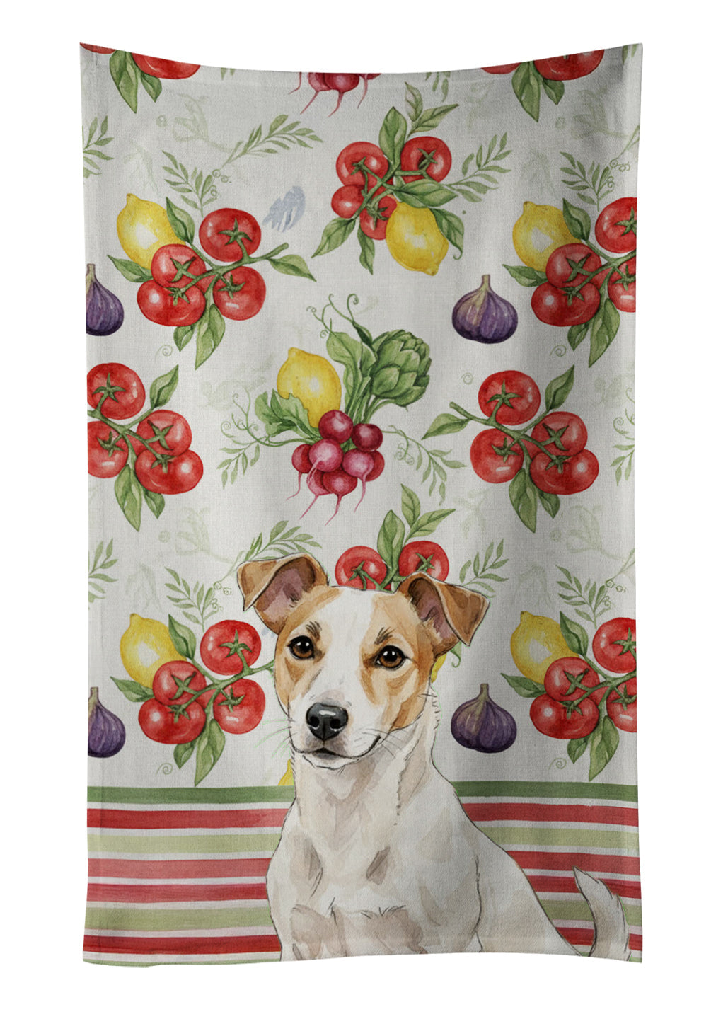 White and Tan Jack Russell Terrier Vegetables Kitchen Towel Velour Plush Front and Cotton Loop Back Machine Washable