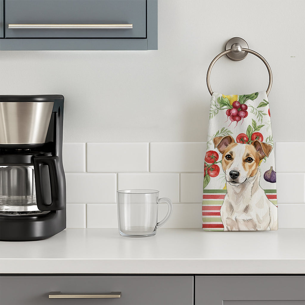 White and Tan Jack Russell Terrier Vegetables Kitchen Towel Velour Plush Front and Cotton Loop Back Machine Washable