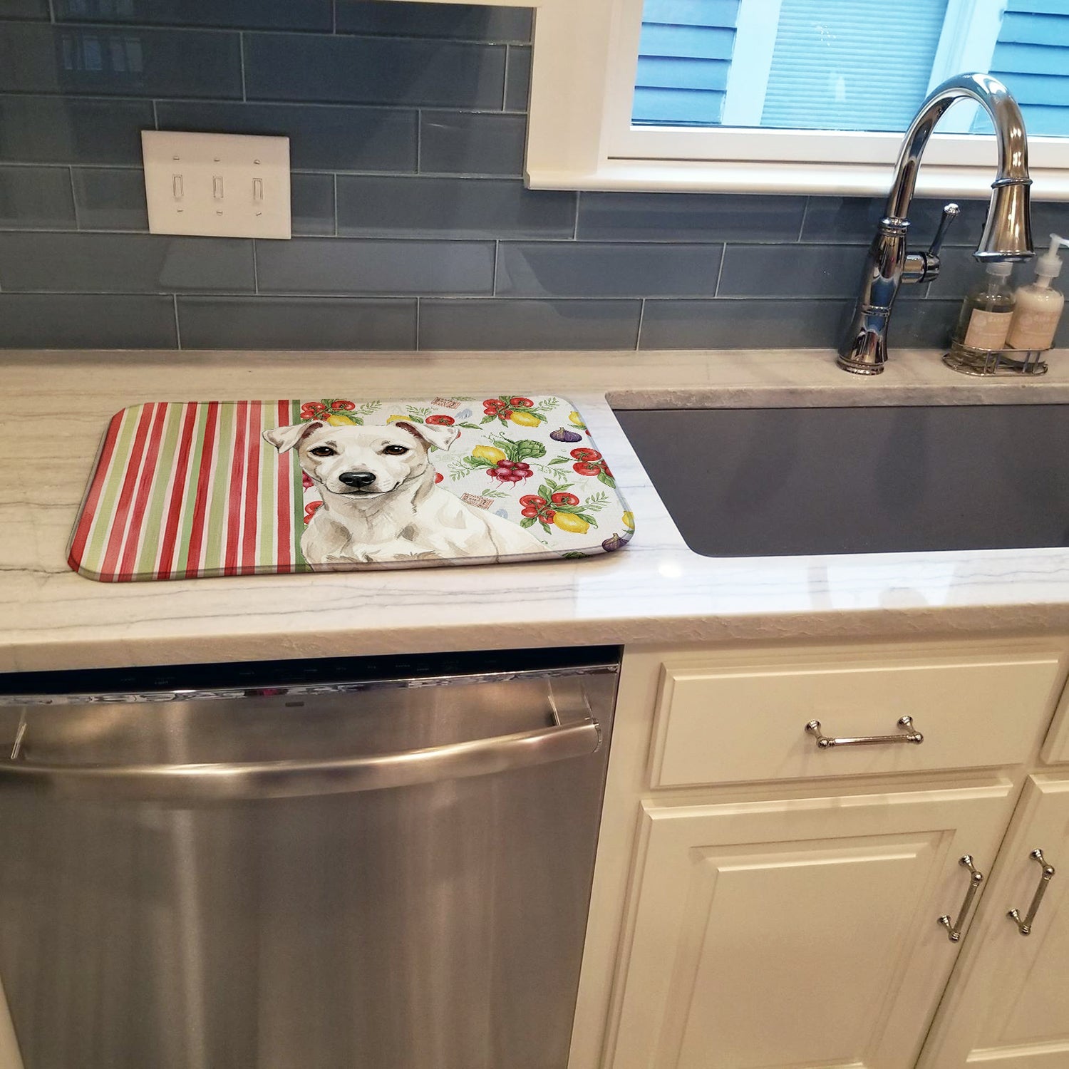 White Jack Russell Terrier Vegetables Dish Drying Mat Absorbent Dish Drying Mat Pad for Kitchen Counter Dish Drainer Mat for Countertop, 14 x 21", Multicolor