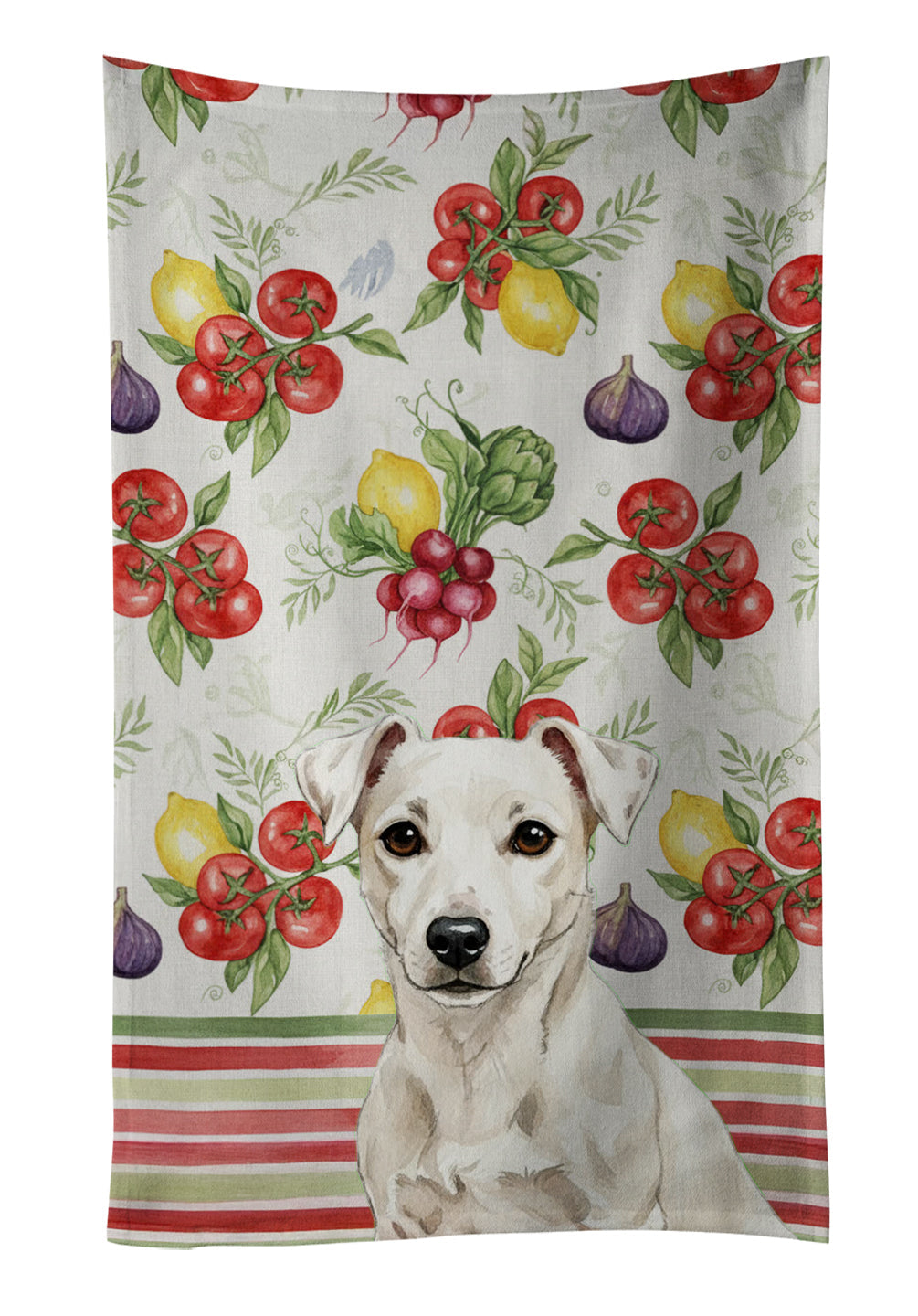 White Jack Russell Terrier Vegetables Kitchen Towel Velour Plush Front and Cotton Loop Back Machine Washable
