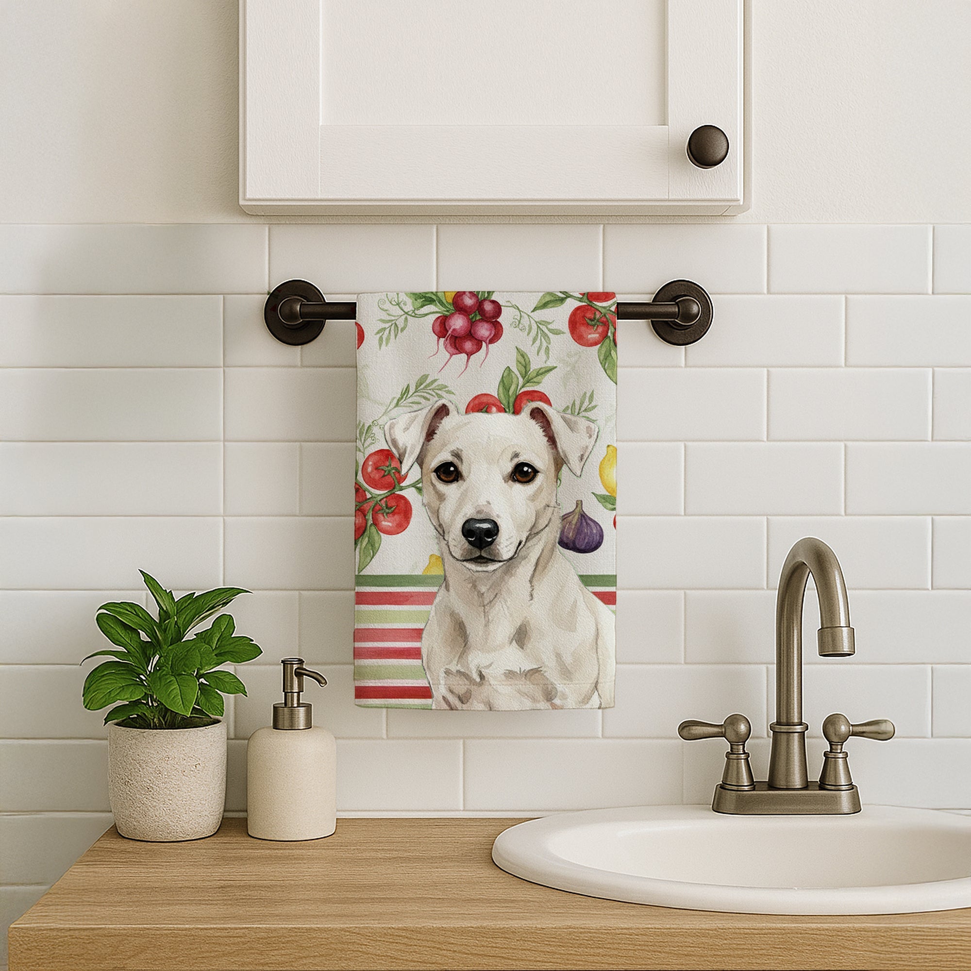 White Jack Russell Terrier Vegetables Kitchen Towel Velour Plush Front and Cotton Loop Back Machine Washable