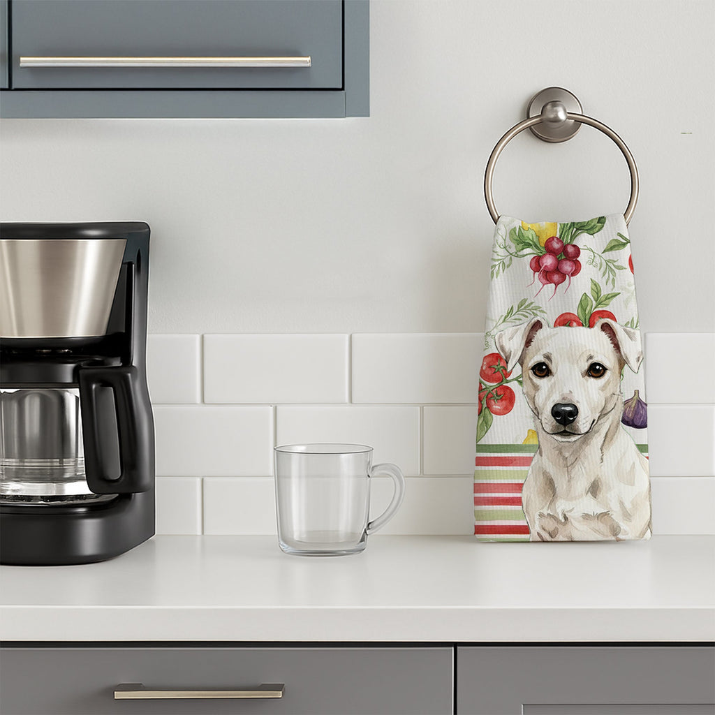 White Jack Russell Terrier Vegetables Kitchen Towel Velour Plush Front and Cotton Loop Back Machine Washable