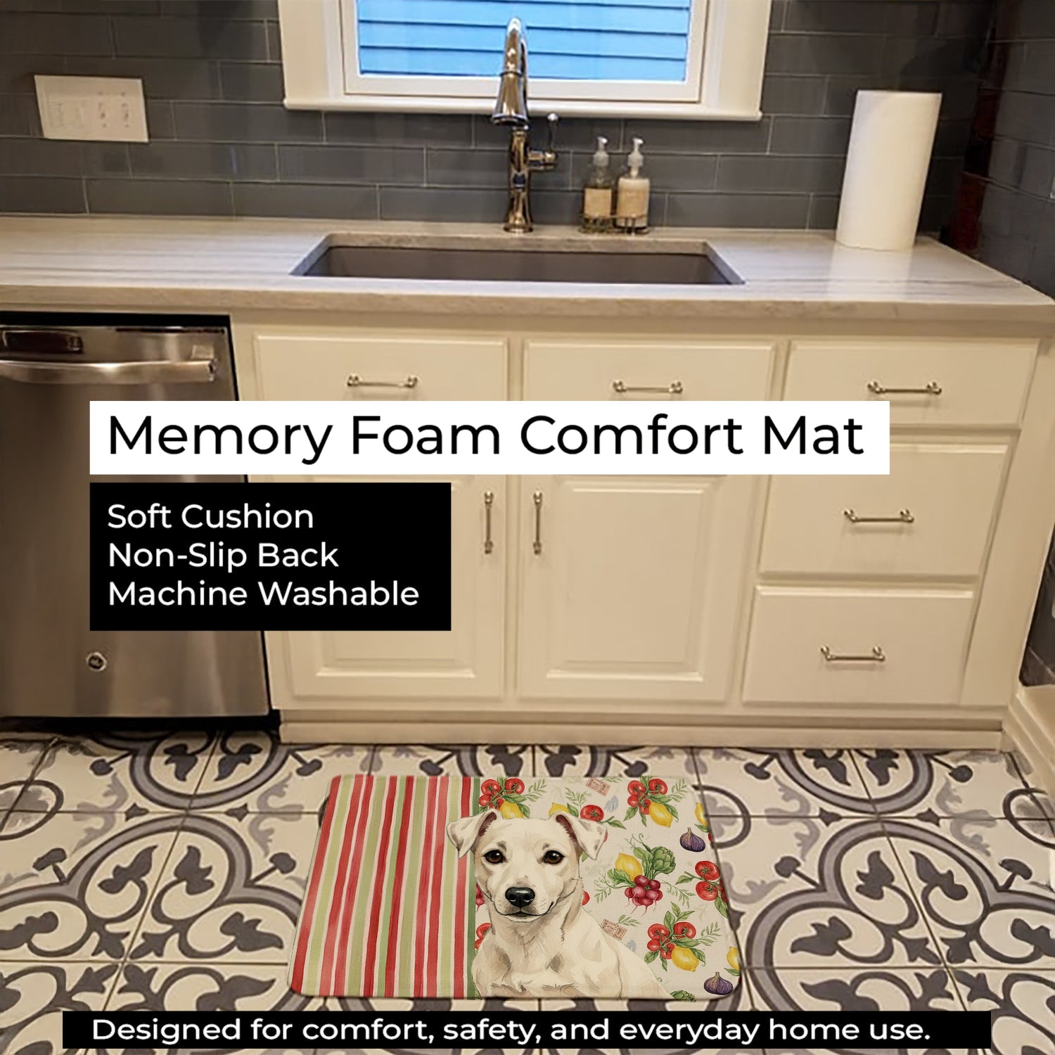 White Jack Russell Terrier Vegetables Memory Foam Kitchen Mat Machine Washable Anti-Fatigue Cushion Comfort Bath or Kitchen Rug