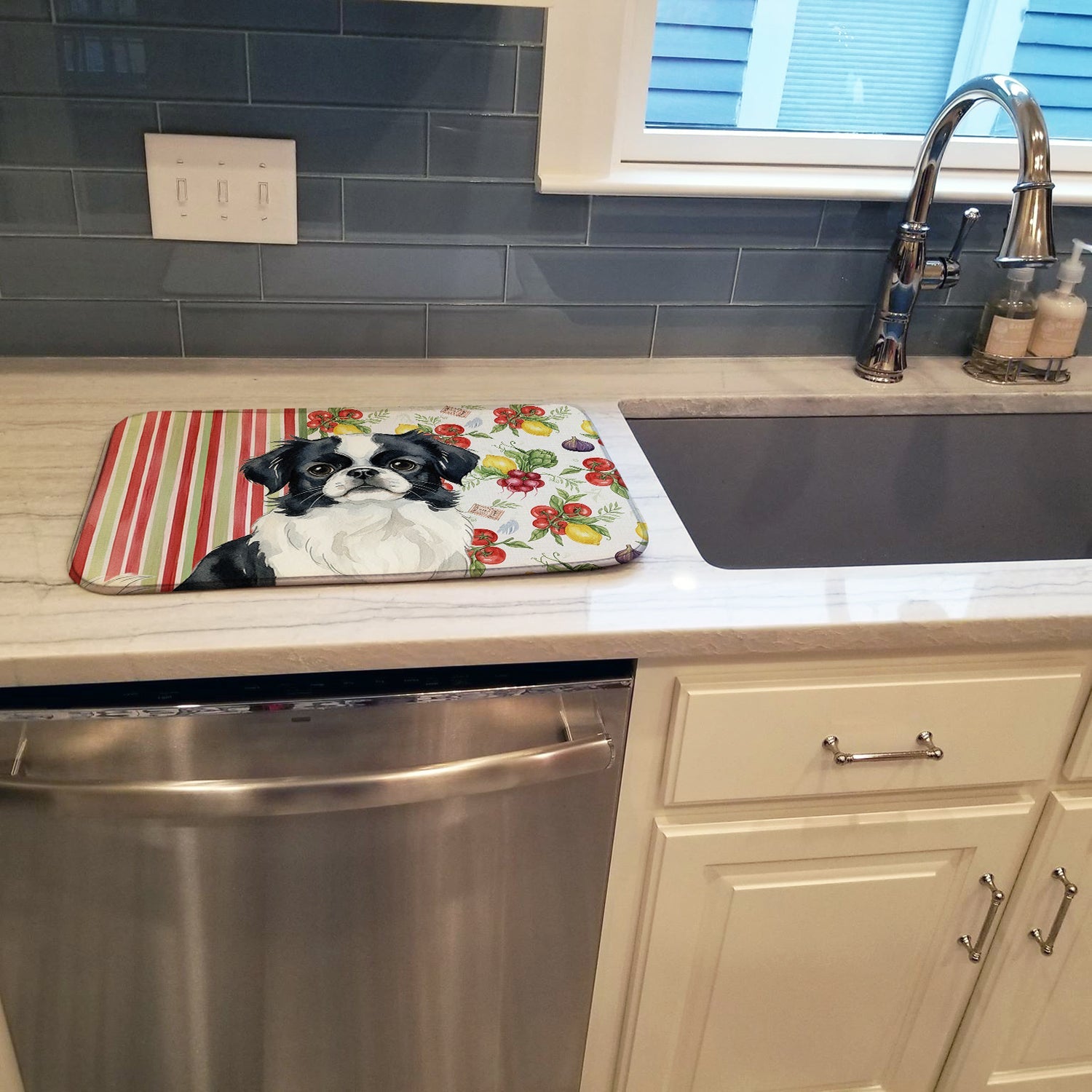 Black and White Japanese Chin Vegetables Dish Drying Mat Absorbent Dish Drying Mat Pad for Kitchen Counter Dish Drainer Mat for Countertop, 14 x 21", Multicolor