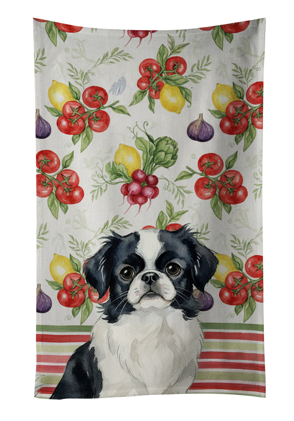 Black and White Japanese Chin Vegetables Kitchen Towel Velour Plush Front and Cotton Loop Back Machine Washable