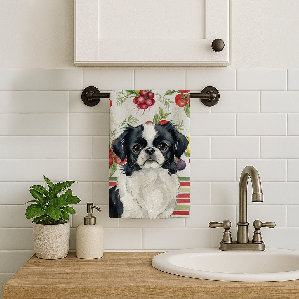 Black and White Japanese Chin Vegetables Kitchen Towel Velour Plush Front and Cotton Loop Back Machine Washable