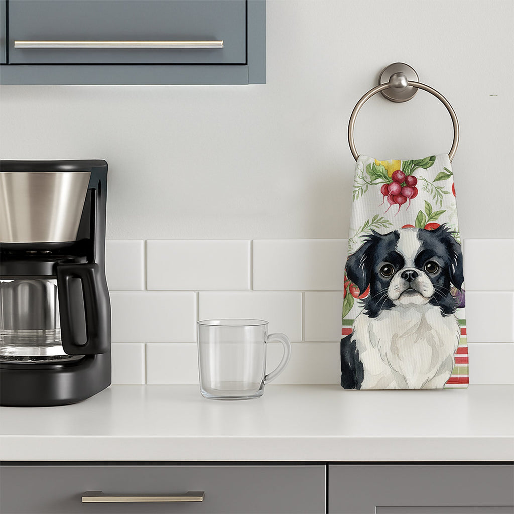 Black and White Japanese Chin Vegetables Kitchen Towel Velour Plush Front and Cotton Loop Back Machine Washable