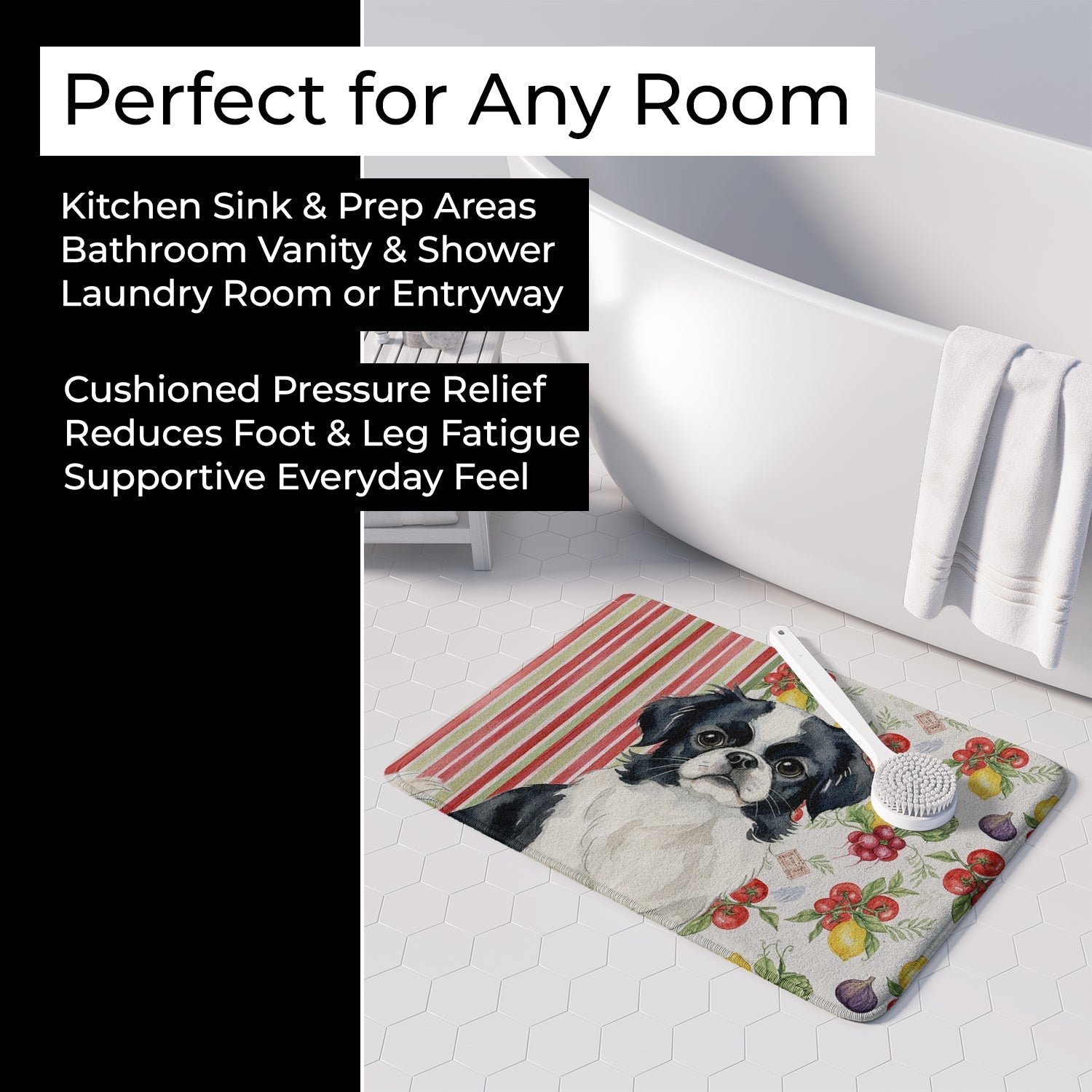 Black and White Japanese Chin Vegetables Memory Foam Kitchen Mat Machine Washable Anti-Fatigue Cushion Comfort Bath or Kitchen Rug