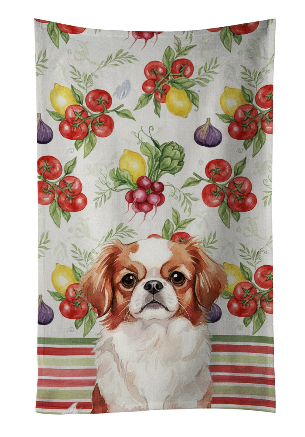 Red and White Japanese Chin Vegetables Kitchen Towel Velour Plush Front and Cotton Loop Back Machine Washable