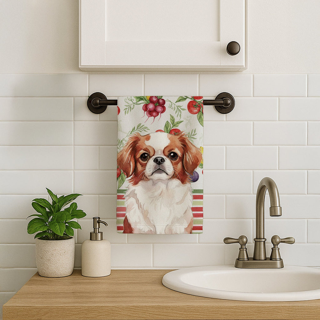 Red and White Japanese Chin Vegetables Kitchen Towel Velour Plush Front and Cotton Loop Back Machine Washable