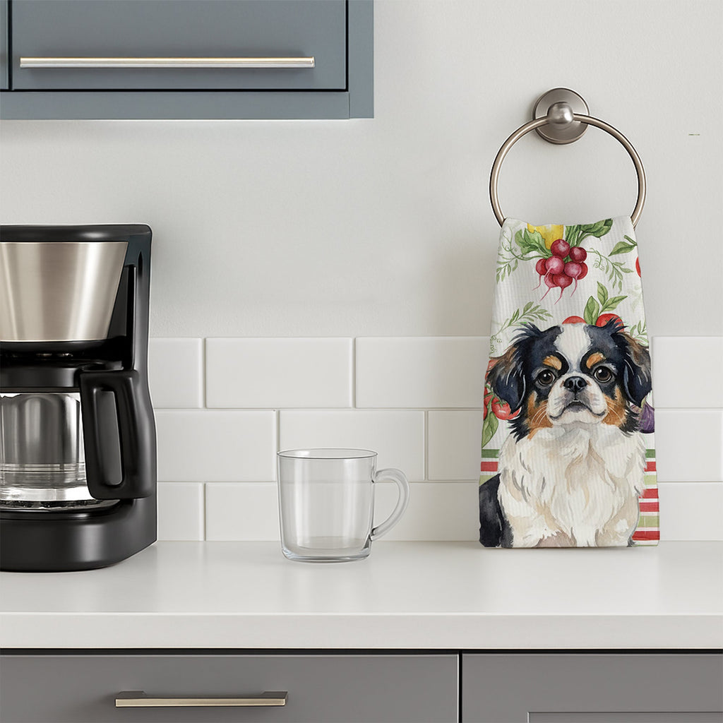 Tricolor Japanese Chin Vegetables Kitchen Towel Velour Plush Front and Cotton Loop Back Machine Washable